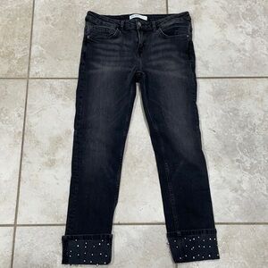 Zara Black Cuffed Crop Jeans Pearl Embellished 8